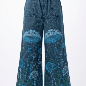 Stonewashed Mushroom Printed Cotton Trousers – Handmade in Nepal | Boho Pants