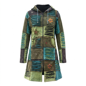 Razor-Cut Patchwork Long Hoodie Jacket – Handmade in Nepal | Boho Wear