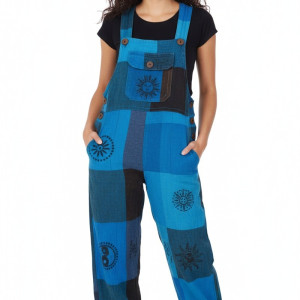 Stylish Blue Patchwork Cotton Jumpsuit/Dungaree – Handmade in Nepal | Boho Wear