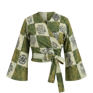 Patchwork Stonewashed Wrap Top – Handmade in Nepal | Boho Fashion