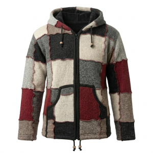 Patchwork Woolen Unisex Hoodie Jacket – Handmade in Nepal | Boho Winter Wear