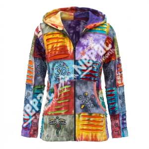 Om Print Razor-Cut Rib Hoodie Jacket – Handmade Nepal Boho Cotton Jacket