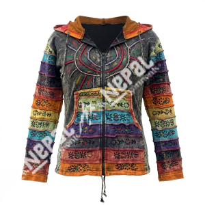 Rainbow Printed Pixie Women Hoodie Jacket – Handmade in Nepal | Boho Winter Wear