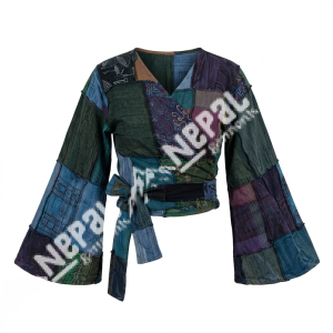 Blue Patchwork Wrap Top – Handmade in Nepal | Boho Style Top
