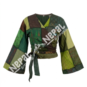 Green Patchwork Wrap Tops – Handmade in Nepal | Boho Style Top