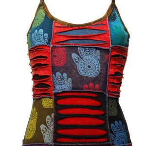 Razor Cut Hamsa Hand Print Women’s Cotton Tank Top – Handmade in Nepal | Boho Hippie Wear