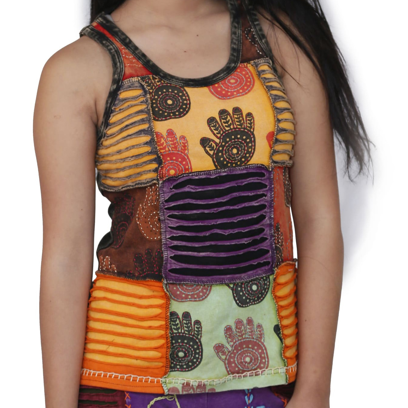 Hamsa Print Razor-Cut Cotton Tank Top – Handmade in Nepal | Boho Wear