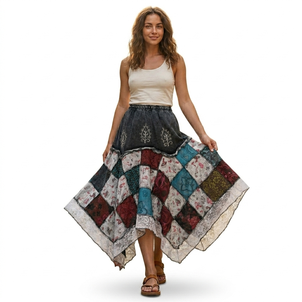 Boho Patchwork Cotton Skirt – Handmade in Nepal | Festival Wear
