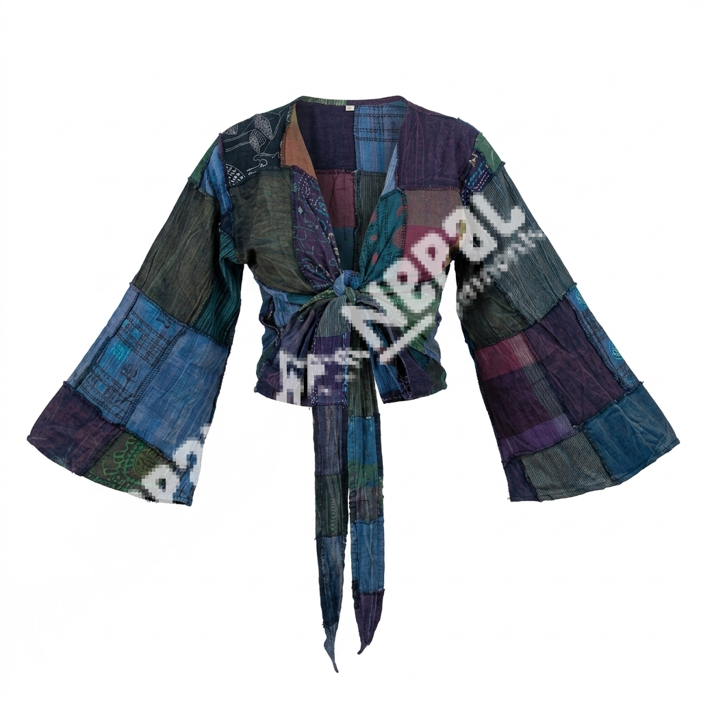 Blue Patchwork Wrap Top